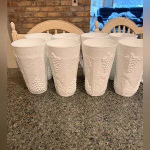 Set of 8 White Embossed Grape Tumbler Cups Milk Glass with Pitcher.